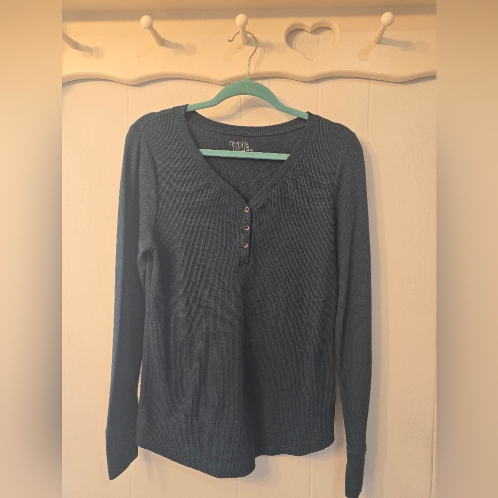 Waffle Knit Henley Teal Long Sleeve Top